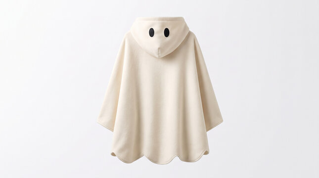 Cream colored hooded ghost costume poncho fleece fabric isolated against clean white studio background showcasing spooky seasonal apparel design for children celebrations and Halloween festivities