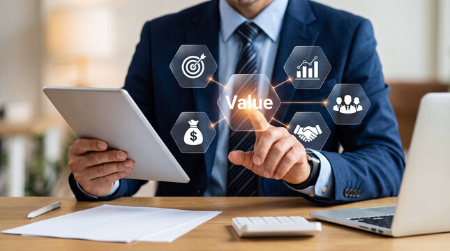Corporate executive touching a digital value proposition interface with business strategy icons.