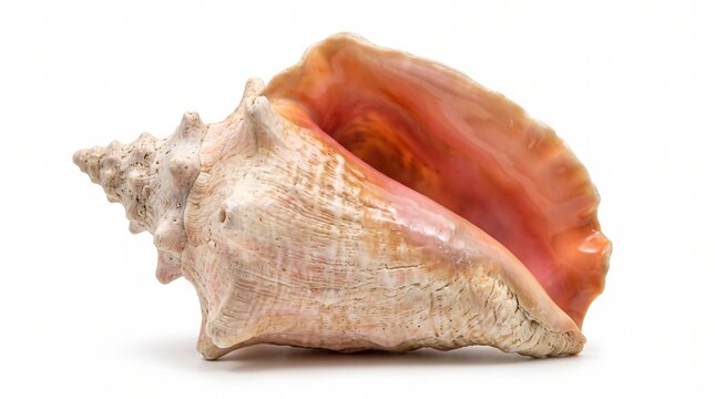  Queen conch shell on display resting horizontally on a clean white surface with natural pink interior.