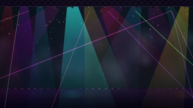 Vibrant stage lighting with colorful spotlights and laser beams moving across a dark concert venue background