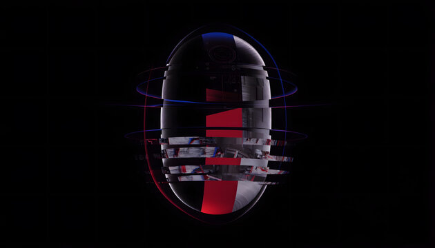 Abstract geometric sphere with red and blue light rings floating in dark space for digital concept