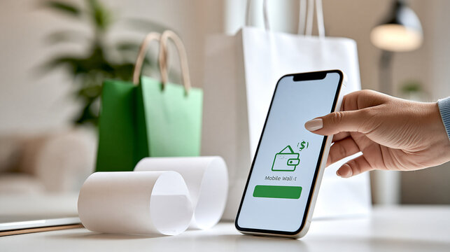 Close-up of a smartphone displaying a generic mobile wallet confirmation beside shopping bags and a paper receipt, Black Friday transactions, cashless shopping, payment