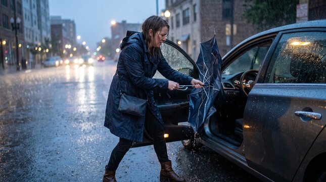Woman struggling with umbrella beside open car door in heavy rain