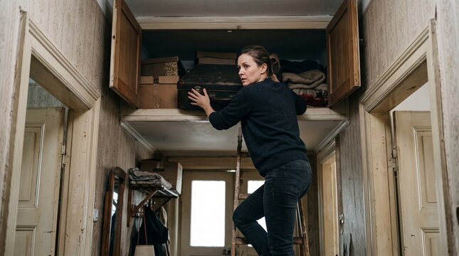 Woman organizing belongings in overhead storage cabinet at home
