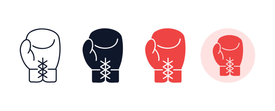Set of four minimalist boxing glove icons in outline solid dark solid red and red on pink circle styles