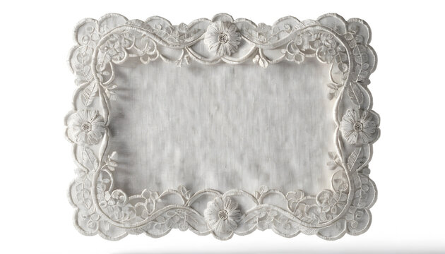 White lace placemat with floral embroidery border isolated on white background for wedding table decor
