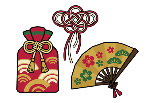 Traditional japanese fan and gift bag with shimenawa rope