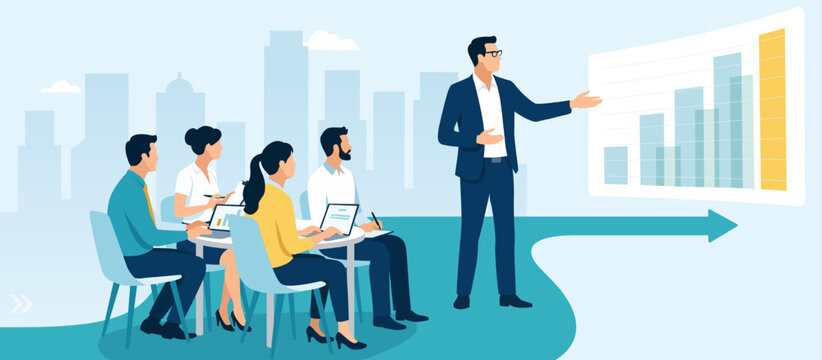 Plan. Education. Growth. Business meeting. The male leader explains the growth strategy. Vector illustration.
