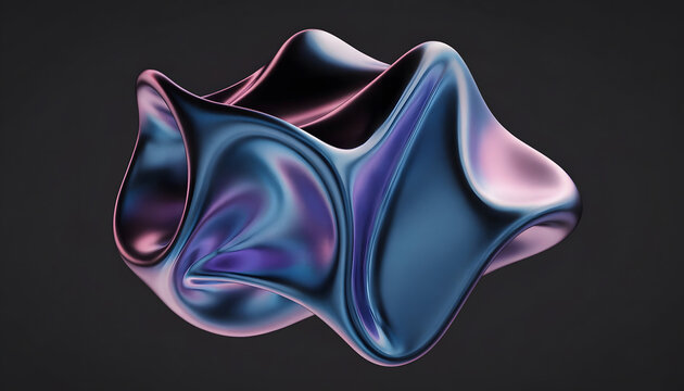 Abstract iridescent liquid shape with metallic texture and smooth flowing curves on dark background