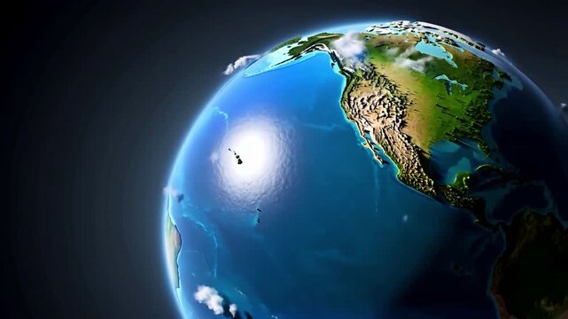 A stunning cinematic view of planet Earth from space, focusing on North and Central America, vibrant blue oceans, swirling clouds, and a brilliant sun reflection glistening on the water's surface