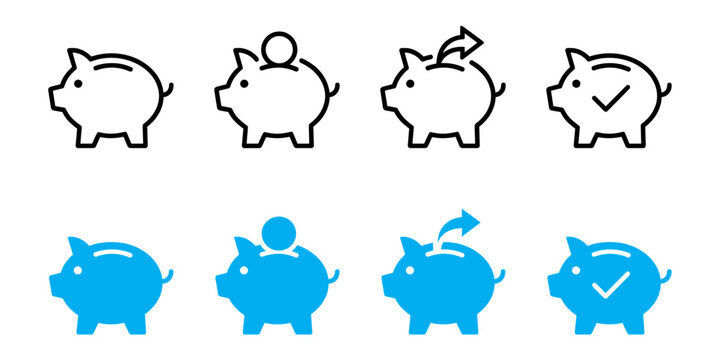 Colorful piggy bank icons with different statuses