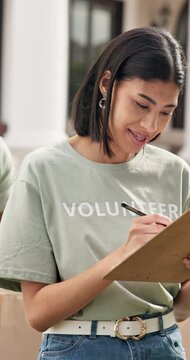 Volunteer, woman and handshake outdoor with checklist for member registration, speaking and help NGO. Happy, person and shaking hands with clipboard for charity manager, sign up and instructions.