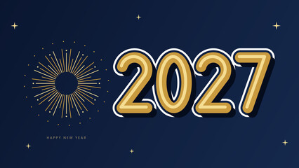 Elegant 2027 Happy New Year celebration banner with gold typography and firework design on dark blue background © MuhammadHasan