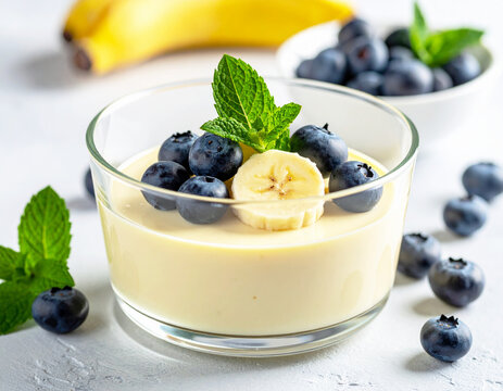 Banana pudding with fresh blueberries, fine dining dessert. AI