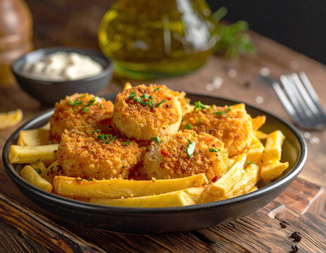 Breaded scallop with fries in a rustic kitchen. AI