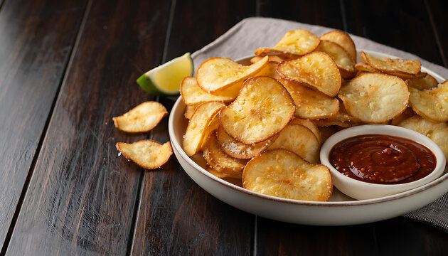 Crispy potato chips served with a savory dipping sauce and a fresh lime wedge.