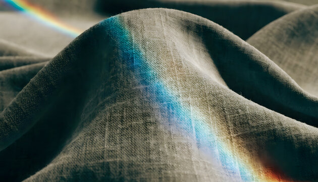 Abstract rainbow light refraction on dark grey fabric texture background for creative design projects