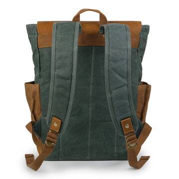 Back view of a rugged canvas and leather backpack with adjustable shoulder straps