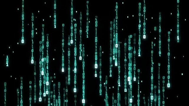 Digital Rain Data Stream: Binary Code Falling with Glitch Effects and Distortion