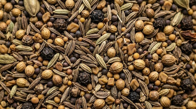Detailed macro photography close up full frame background texture filled entirely with dried organic aromatic seeds showing intricate patterns and natural earthy tones for culinary design concepts