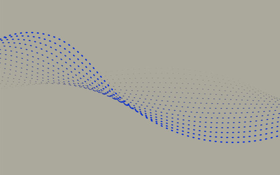 Abstract wave shape made of blue dots on grey background, modern technology and data science visualization, digital waveform graphic, futuristic sound wave concept