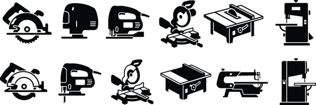 Comprehensive workshop vector icon set showcasing miter saw drill