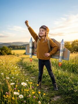 Young Girl with DIY Cardboard Rocket Wings Dreaming of Flight in a Beautiful Summer Meadow at Golden Hour