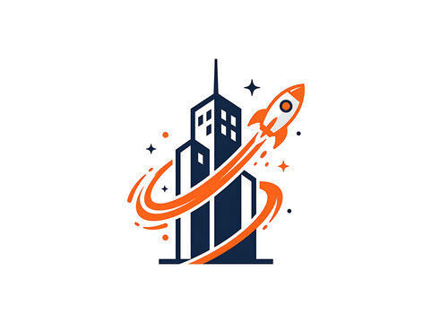 Business launch rocket city skyline vector illustration for modern