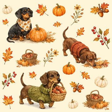 Autumn Dachshund Harvest Seamless Watercolor Pattern