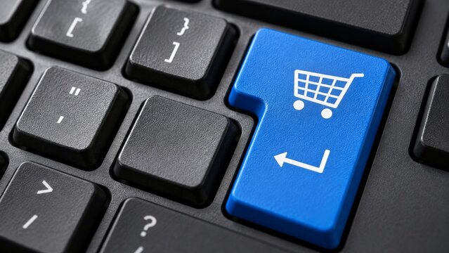 Blue enter key with a shopping cart symbol on a textured black keyboard