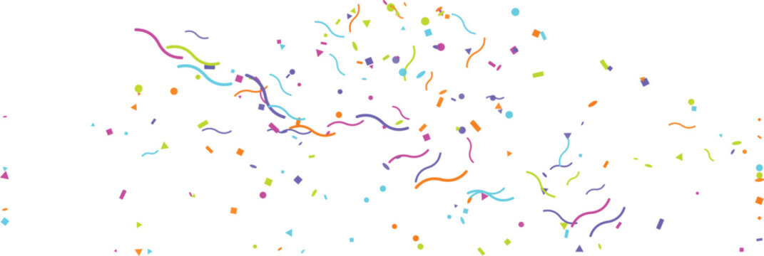 Colorful confetti and streamers falling during a celebration against a white background with soft lighting