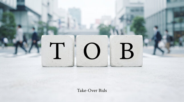 「TOB」の文字が描かれたブロックと株式公開買付のイメージ