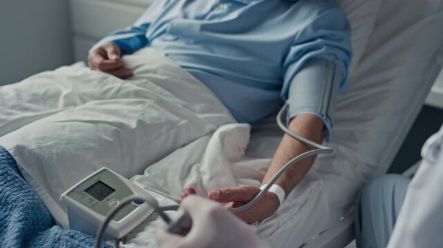Doctor measuring blood pressure of mature Caucasian male patient lying in hospital ward bed. Footage serves healthcare advertising, medical technology presentations, and clinical care tutorials