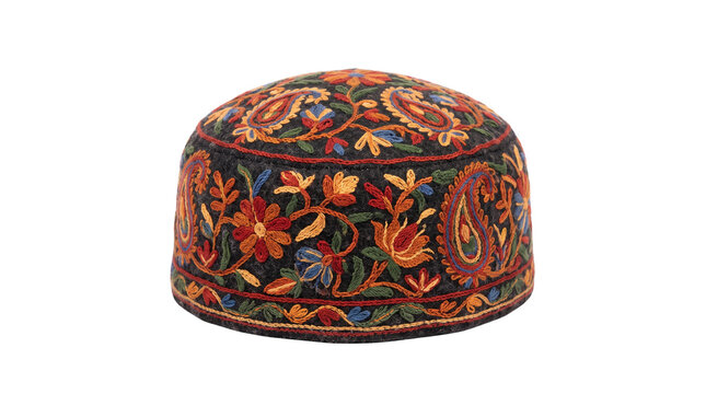 Traditional embroidered skullcap with colorful floral motifs, ethnic Central Asian tubeteika hat, handcrafted paisley textile headwear isolated PNG with Transparent Background