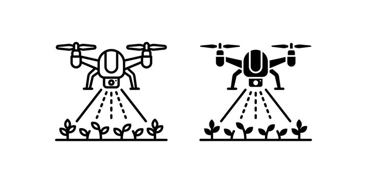 Agri drone spraying line and glyph icons for farm crop and field