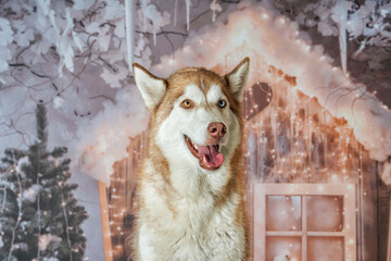 Portrait of Red Siberian Husky Dog with Heterochromia Eyes in Winter Studio © Katia