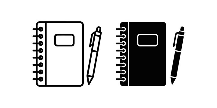 Notebook with pen line and glyph icons for office notes and writing