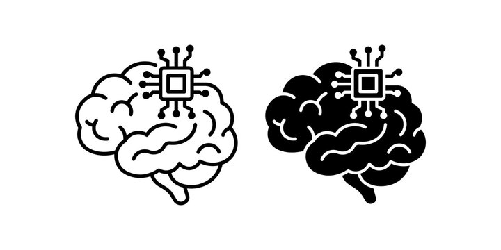 AI brain chip line and glyph icons for artificial intelligence
