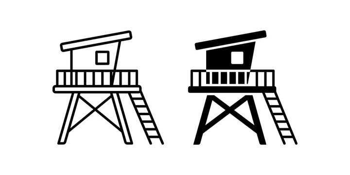 Lifeguard tower line and glyph icons for beach safety and summer watch