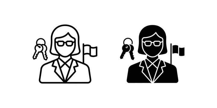 Real estate agent woman with keys line and glyph icon