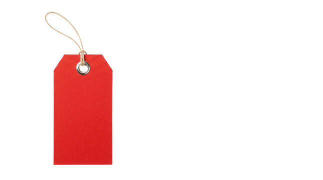 Vibrant red paper price tag featuring string and metal eyelet isolated on transparent background