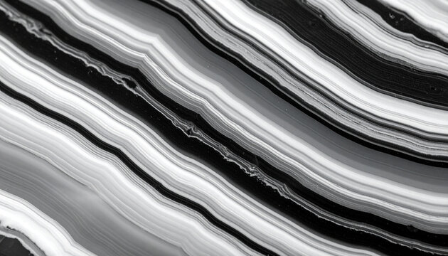 Polished black and white banded onyx stone surface with soft wavy diagonal layers, monochrome macro texture banner background