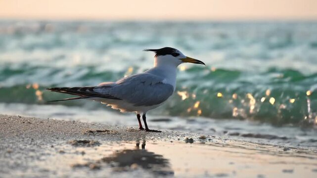 Seabird at the Shore: A solitary seabird stands poised on a sandy beach, its reflection shimmering in the gentle ebb and flow of the ocean waves under a soft, pastel-hued sky.