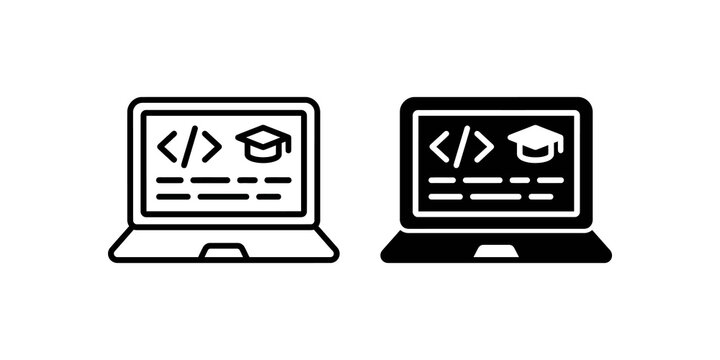 Laptop with code and graduation cap e learning line icon