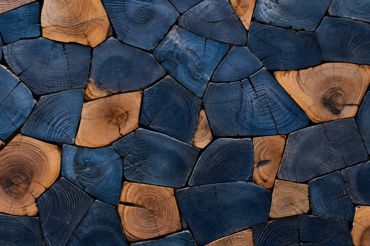 Decorative mosaic of irregular end grain wood blocks combining deep blue stained timber with warm natural wood tones and visible growth rings.