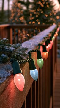 Vintage Christmas lights along a snow-dusted wooden deck railing on a winter evening