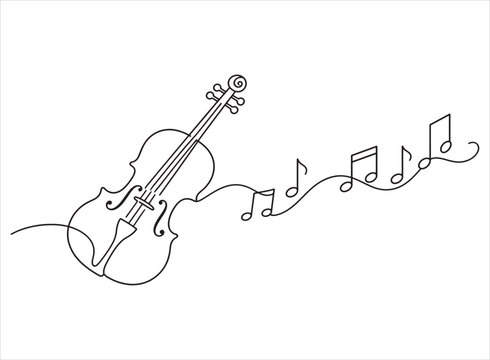 Continuous line drawing of violin with musical notes flowing along vector curve. Minimalist continuous line art vector illustration