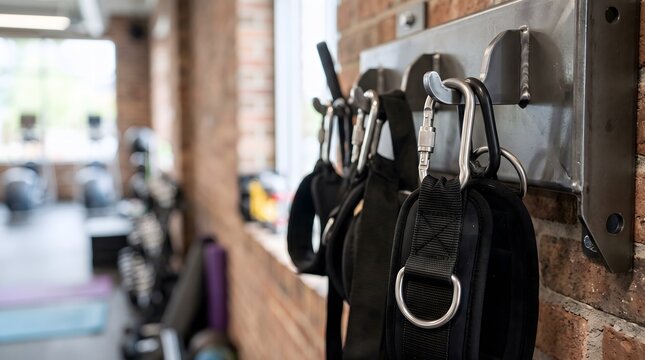 organized padded ankle straps and cable machine attachments in a fitness studio for strength training equipment storage and workout preparation