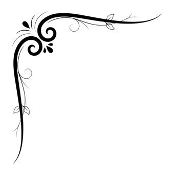 Black floral corner border with swirls and leaf accents isolated on a transparent background