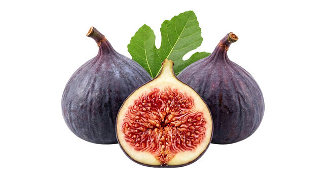 Ripe purple figs with green leaves and sliced fruit isolated on transparent background